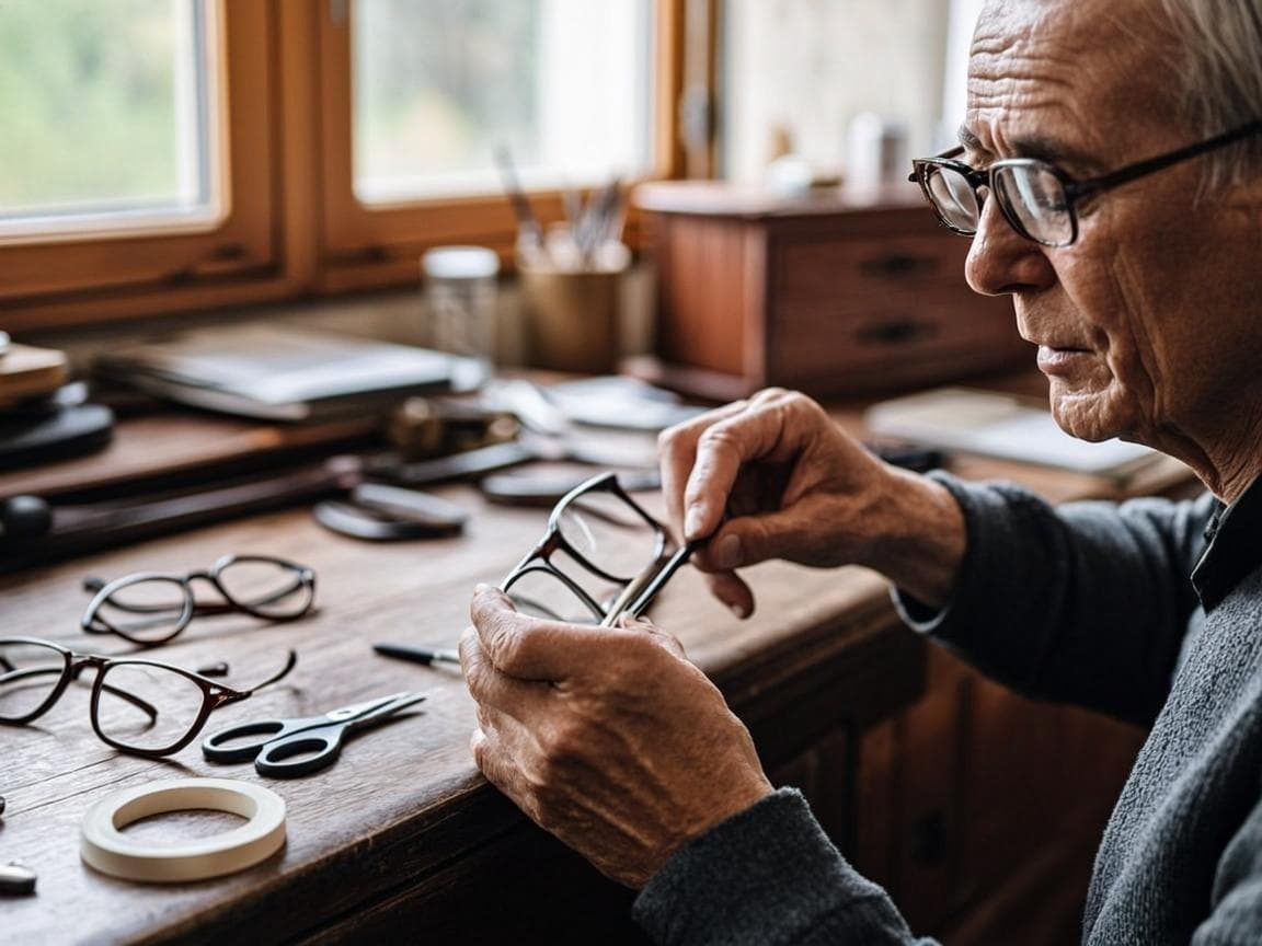 Opticien ajustant une monture à la main dans l'atelier 12/10ème Optique